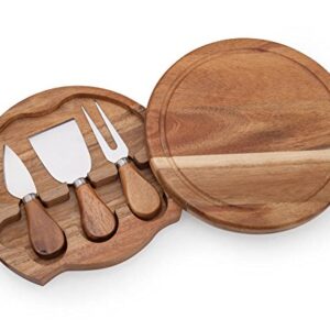 ILEAF Round Slide-Out Acacia Wood Cheese Board and 3 Piece Cheese Tool Set, 7.5 inch Diameter