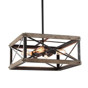 lnc farmhouse chandelier, rustic wood cage square light fixture for dining & living room, bedroom, foyer, entryway and kitchen island,brown