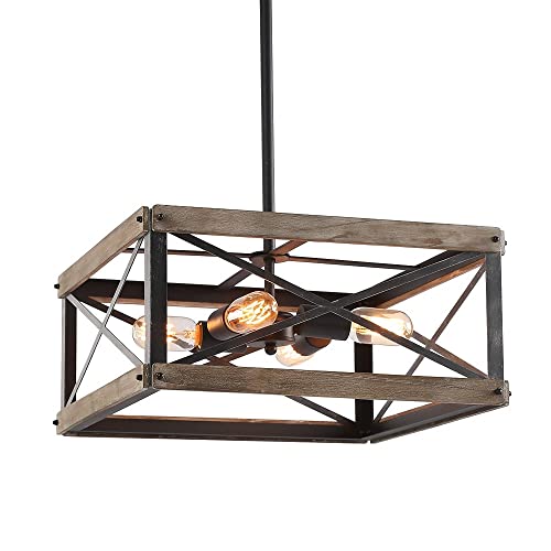 LNC Farmhouse Chandelier, Rustic Wood Cage Square Light Fixture for Dining & Living Room, Bedroom, Foyer, Entryway and Kitchen Island,Brown