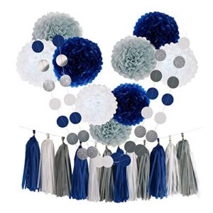 Tissue Paper Flowers Pom Poms Party Decorations Navy Blue White Grey Tassel Garland for Wedding Bridal Shower Graduation Bachelorette Celebrate First Birthday Graduate Supplies (Navy Blue-White-Grey)