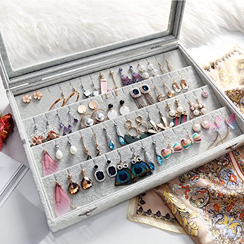 Wudygirl Velvet Clear Lid Earring Box Organizer Storage 32 Pairs Earrings Stud Tray Showcase Display Case（Earring Storage）