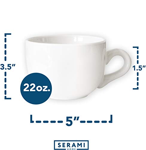 Serami 22oz White Ceramic Large Soup or Cappuccino Bowl Mugs with Thick Walls, Set of 4