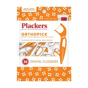 plackers orthopick dental floss picks for braces, 144 count (36 pack of 4) made with super tuffloss, soft, flexible toothpick, gentle on braces, orange