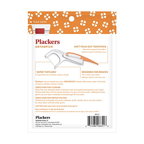 Plackers Orthopick Dental Floss Picks for Braces, 144 Count (36 pack of 4) Made with Super TufFloss, Soft, Flexible Toothpick, Gentle on Braces, Orange