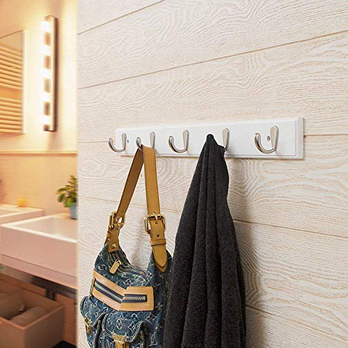 HisweetH Wall-Mounted Heavy Duty Coat Hooks, 100% Natural Bamboo Coat Rack, Towel Bag Key Holder Hanger Hook Rack for Entryway Bedroom Bathroom (White, 5 Hooks)