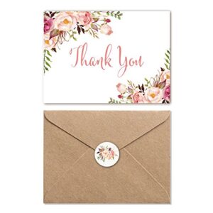 pink floral thank you cards with envelopes, 4 x 6 boho flower thank you notes - chic greeting cards 25 bulk pack, blank inside, meet wedding, bridal shower, girl baby shower more occasion