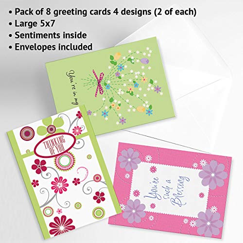 Thinking of You Greeting Cards Value Pack III- Set of 8 (4 Designs) Large 5" x 7" Cards, Sentiments Inside, Friendship Cards