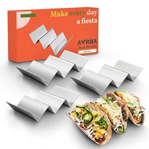 pack of 4 - stainless steel taco holder stand - truck tray style - each rack holds up to 3 tacos - oven, grill & dishwasher safe - size 8" x 4" x 2"