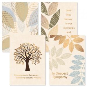 foil falling leaves sympathy cards - set of 8 (4 designs), large 5" x 7", sympathy cards with sentiments inside, includes white envelopes