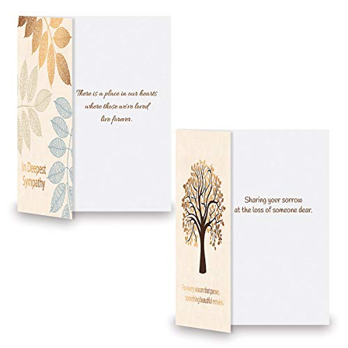 Foil Falling Leaves Sympathy Cards - Set of 8 (4 designs), Large 5" x 7", Sympathy Cards with Sentiments Inside, Includes White Envelopes