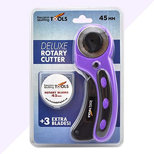 Precision Quilting Tools 45mm Deluxe Rotary Cutter with 3 Extra Blades (Purple) - Fabric Cutter/Rotary Cutter for Fabric/Fabric Rotary Cutter