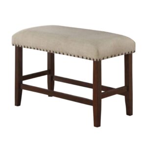 benjara rubber wood high bench with cream upholstery, brown