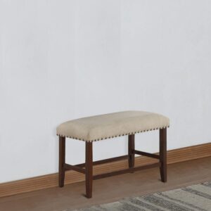 Benjara Rubber Wood High Bench with Cream Upholstery, Brown