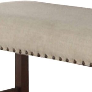 Benjara Rubber Wood High Bench with Cream Upholstery, Brown