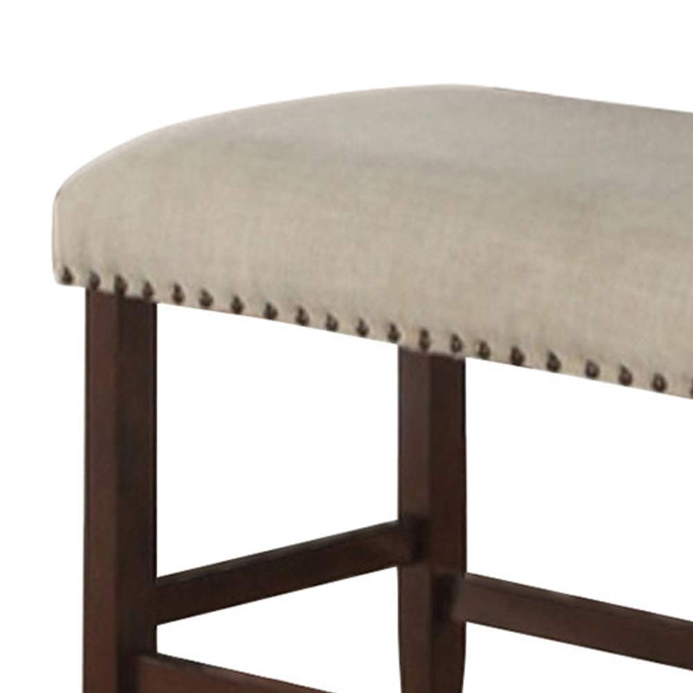 Benjara Rubber Wood High Bench with Cream Upholstery, Brown