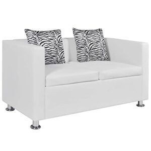 vidaxl sofa, love seat sofa couch with 2 pillows, loveseat sofa for home living room bedroom, modern style, artificial leather white
