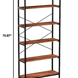 Kemanner 5-Tier Industrial Style Bookcase, Vintage Free Standing Bookshelf, Rustic Wood Bookcases Furniture (Brown.)