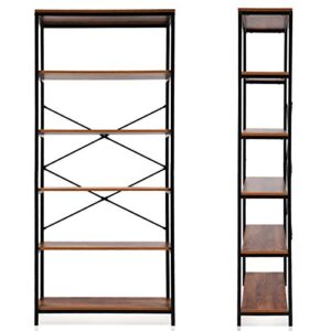 Kemanner 5-Tier Industrial Style Bookcase, Vintage Free Standing Bookshelf, Rustic Wood Bookcases Furniture (Brown.)