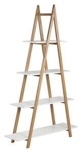 universal expert abacus 4-tier ladder bookcase, leaning free stand wood bookshelf frame storage rack, display shelf for home office, oak and white