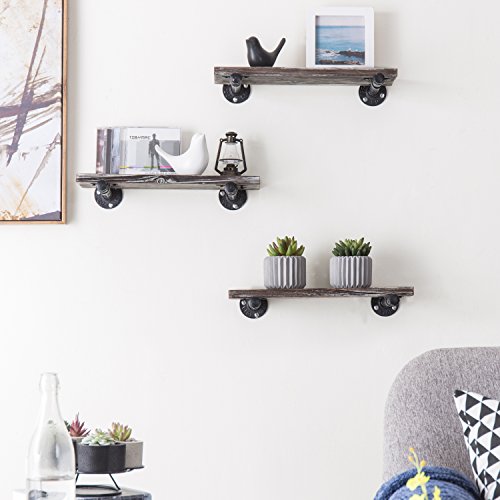 MyGift Wood Floating Shelves, Torched Wood Wall Shelf for Bedroom with Industrial Metal Pipe Brackets, Set of 3