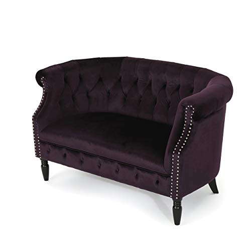 Christopher Knight Home Milani Tufted Scroll Arm Velvet Loveseat, Blackberry / Dark Brown