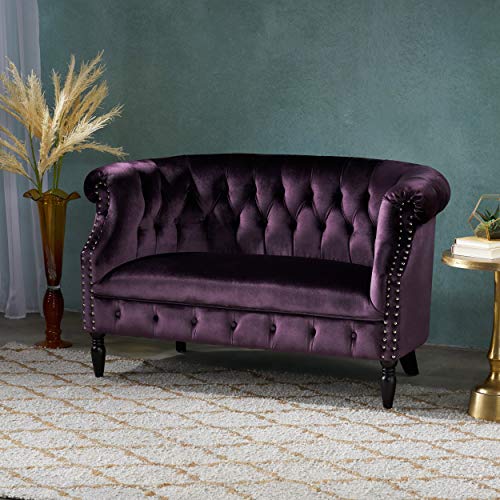 Christopher Knight Home Milani Tufted Scroll Arm Velvet Loveseat, Blackberry / Dark Brown