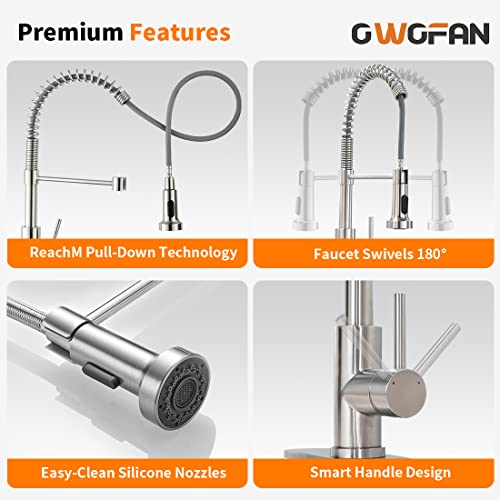 OWOFAN Kitchen Faucet with Pull Down Sprayer Brushed Nickel Stainless Steel Single Handle Pull Out Spring Sink Faucets 1 Hole Or 3 Hole Dual Function for Farmhouse Camper Laundry Utility Rv Wet Bar