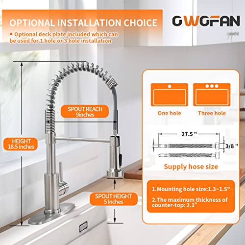 OWOFAN Kitchen Faucet with Pull Down Sprayer Brushed Nickel Stainless Steel Single Handle Pull Out Spring Sink Faucets 1 Hole Or 3 Hole Dual Function for Farmhouse Camper Laundry Utility Rv Wet Bar
