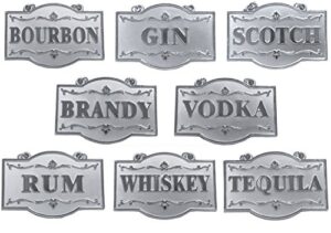 amlong plus deluxe set of liquor tags for bottles or decanters, silver color, set of 8 with adjustable chain features (bourbon, brandy, gin, rum, scotch, tequila, vodka, and whiskey)