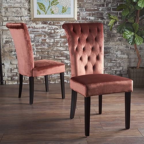 Christopher Knight Home Venetian Tufted Velvet Dining Chair, Blush / Dark Brown