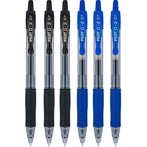 Pilot G2 pens retractable Gel Roller ballpoint 07 Fine pt Black & Blue Bundle (6)