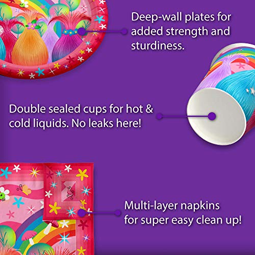 Trolls Party Birthday Party Supplies Set Plates Napkins Cups Tableware Kit for 16