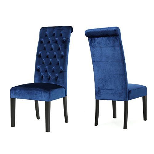 Christopher Knight Home Leorah Tall Back Tufted Velvet Dining Chairs, 2-Pcs Set, Navy Blue / Dark Brown