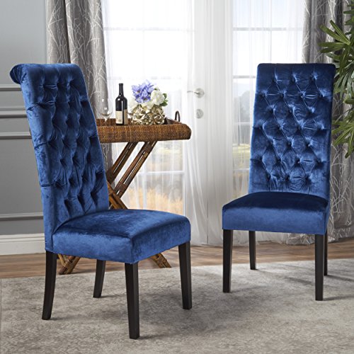 Christopher Knight Home Leorah Tall Back Tufted Velvet Dining Chairs, 2-Pcs Set, Navy Blue / Dark Brown