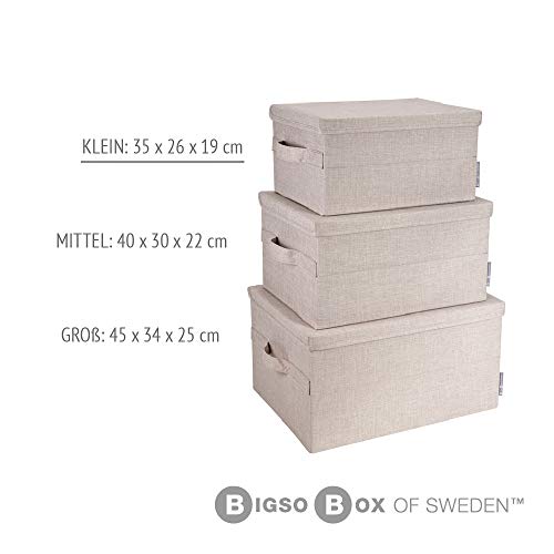 Bigso Box of Sweden Small Storage Box with Lid and Handle - Fabric Storage Box Made of Polyester and Cardboard in Linen Look - Folding Container for Clothes, Accessories, Toys etc. - Beige