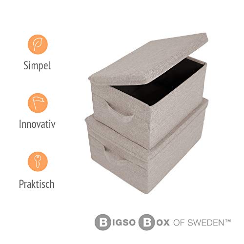 Bigso Box of Sweden Small Storage Box with Lid and Handle - Fabric Storage Box Made of Polyester and Cardboard in Linen Look - Folding Container for Clothes, Accessories, Toys etc. - Beige