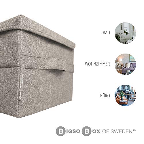 Bigso Box of Sweden Small Storage Box with Lid and Handle - Fabric Storage Box Made of Polyester and Cardboard in Linen Look - Folding Container for Clothes, Accessories, Toys etc. - Beige