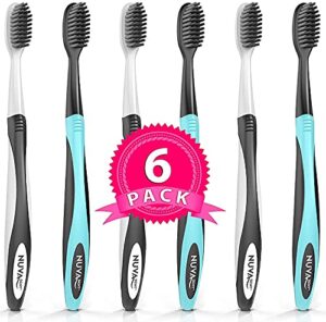 nuva dent ultra soft charcoal toothbrush - gentle, slim brush head, medium tip - clean plaque, whiten teeth - works well w/activated charcoal toothpaste or teeth whitening products, 6 pack