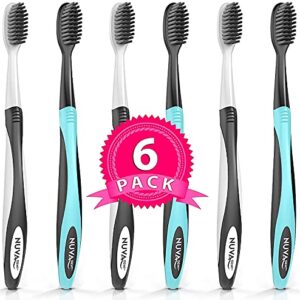 Nuva Dent Ultra Soft Charcoal Toothbrush - Gentle, Slim Brush Head, Medium Tip - Clean Plaque, Whiten Teeth - Works Well w/Activated Charcoal Toothpaste or Teeth Whitening Products, 6 Pack