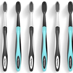 Nuva Dent Ultra Soft Charcoal Toothbrush - Gentle, Slim Brush Head, Medium Tip - Clean Plaque, Whiten Teeth - Works Well w/Activated Charcoal Toothpaste or Teeth Whitening Products, 6 Pack