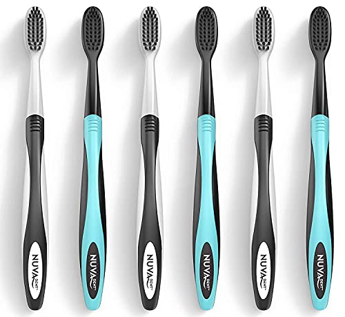 Nuva Dent Ultra Soft Charcoal Toothbrush - Gentle, Slim Brush Head, Medium Tip - Clean Plaque, Whiten Teeth - Works Well w/Activated Charcoal Toothpaste or Teeth Whitening Products, 6 Pack