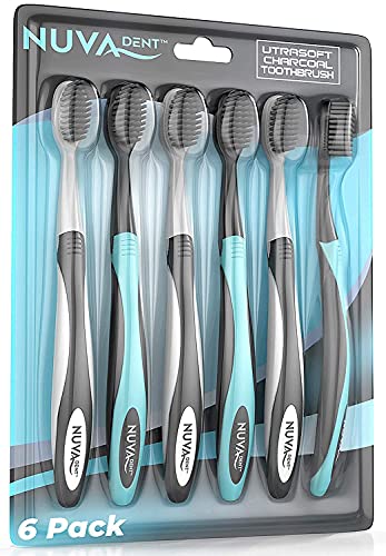 Nuva Dent Ultra Soft Charcoal Toothbrush - Gentle, Slim Brush Head, Medium Tip - Clean Plaque, Whiten Teeth - Works Well w/Activated Charcoal Toothpaste or Teeth Whitening Products, 6 Pack