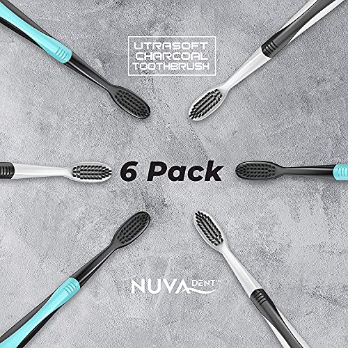 Nuva Dent Ultra Soft Charcoal Toothbrush - Gentle, Slim Brush Head, Medium Tip - Clean Plaque, Whiten Teeth - Works Well w/Activated Charcoal Toothpaste or Teeth Whitening Products, 6 Pack