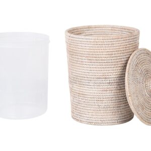 Kouboo La Jolla Rattan Round Plastic Insert & Lid, Large, White-Wash for Bedroom, Living Room and Bathroom Basket for Dry or Organic Waste
