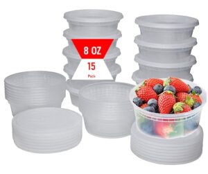 mr. miracle deli containers with lids - 15 pack of 8 oz clear airtight reusable plastic food and multi-purpose containers - microwave, freezer, and dishwasher safe
