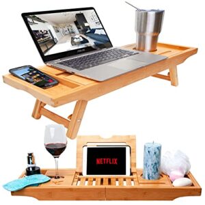 bamboo bathtub tray & bed laptop desk with foldable legs, latest unique zen design bathtub caddy, top quality bamboo bathtub caddy tray with adjustable legs, wine glass & ipad holder by bambooware