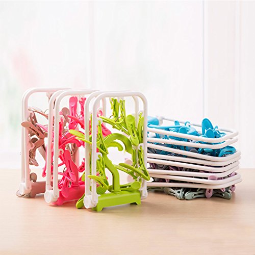 Creatiee 2 Pack Folding Portable Travel Clip, Drip Drying Hanger Rack with 12 Clips for Clothes Socks Underwear - Windproof & Space Saving (Light Blue + Light Purple)