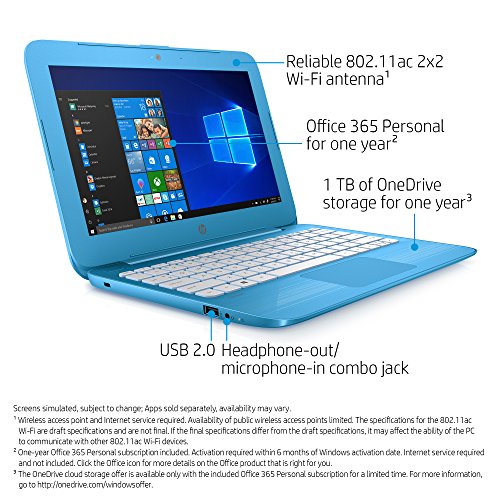 HP Stream 11-Inch Laptop, Intel Celeron N4000 Processor, 4 GB RAM, 32 GB eMMC, Windows 10 S with Office 365 Personal for One Year (11-ah110nr, Blue)