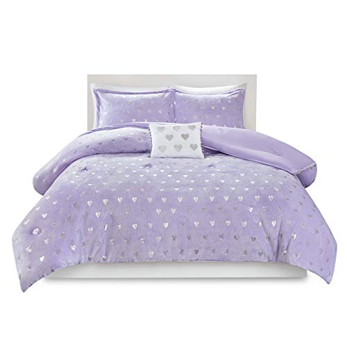 Mi Zone Rosalie Comforter Set for Girls, Ultra-Soft Microlight Plush Metallic Printed Hearts Brushed Reverse Overfilled Down Alternative Hypoallergenic All Season, Full/Queen, Purple/Silver, 4 Piece