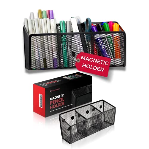 Workablez Pencil Holder for Desk, Magnetic Pen Holder for Refrigerator, Magnetic Marker Holder for Whiteboard, Magnetic Holder, Whiteboard Marker Holder - 3 Large Mesh Storage Compartments – Black